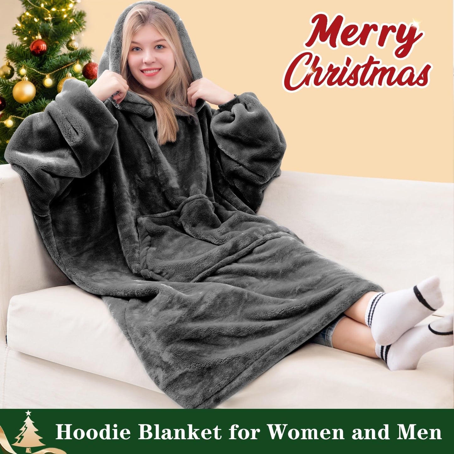 Waitu Wearable Blanket Sweatshirt Gifts for Women and Men, Warm and Cozy Giant Blanket Hoodie, Thick Flannel Blanket with Sleeves and Giant Pocket - Dark Gray
