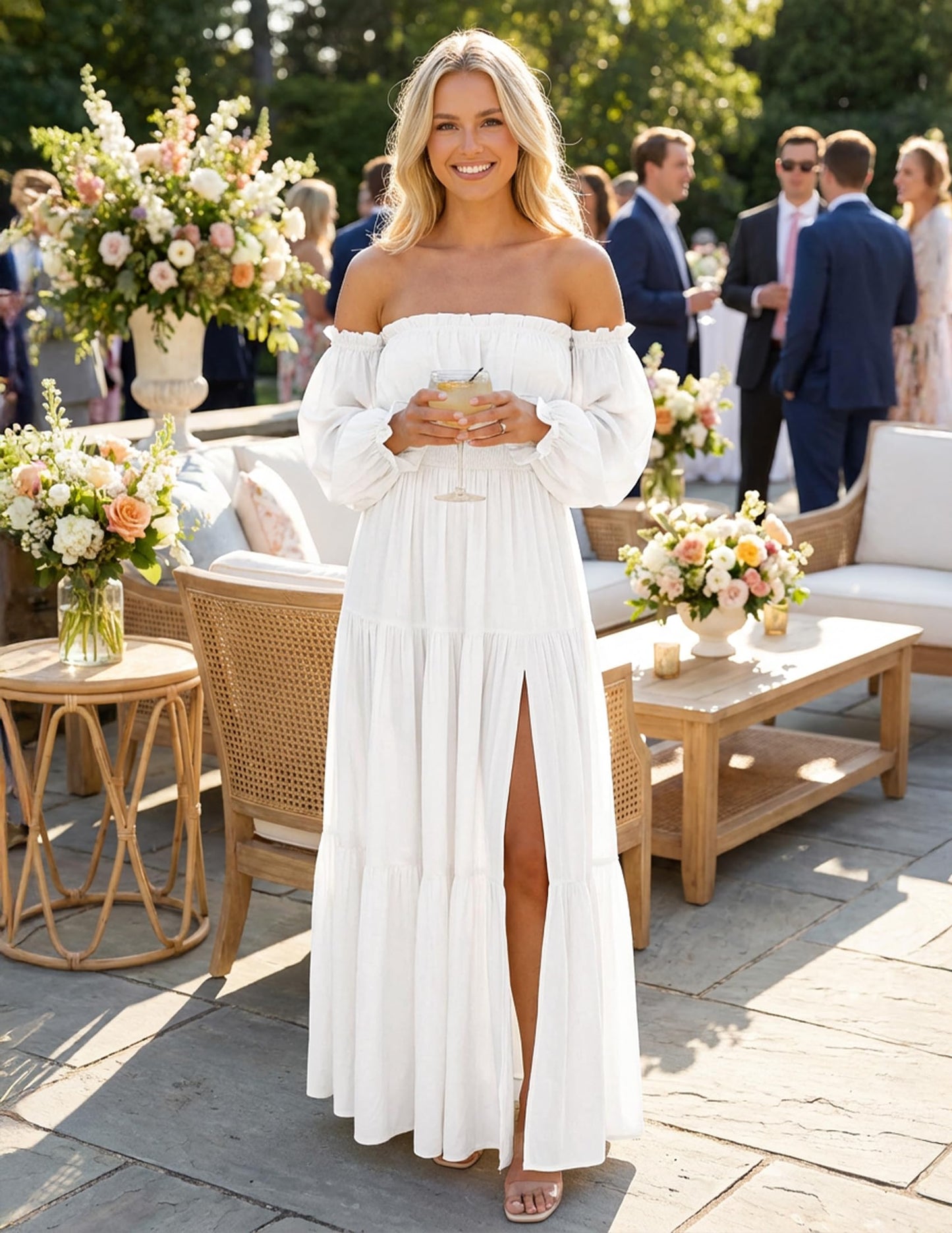 ZESICA Women's Boho Off Shoulder Spring Long Sleeve Dress 2026 High Waist Side Split Sexy Flowy A Line Long Maxi Dresses White Medium