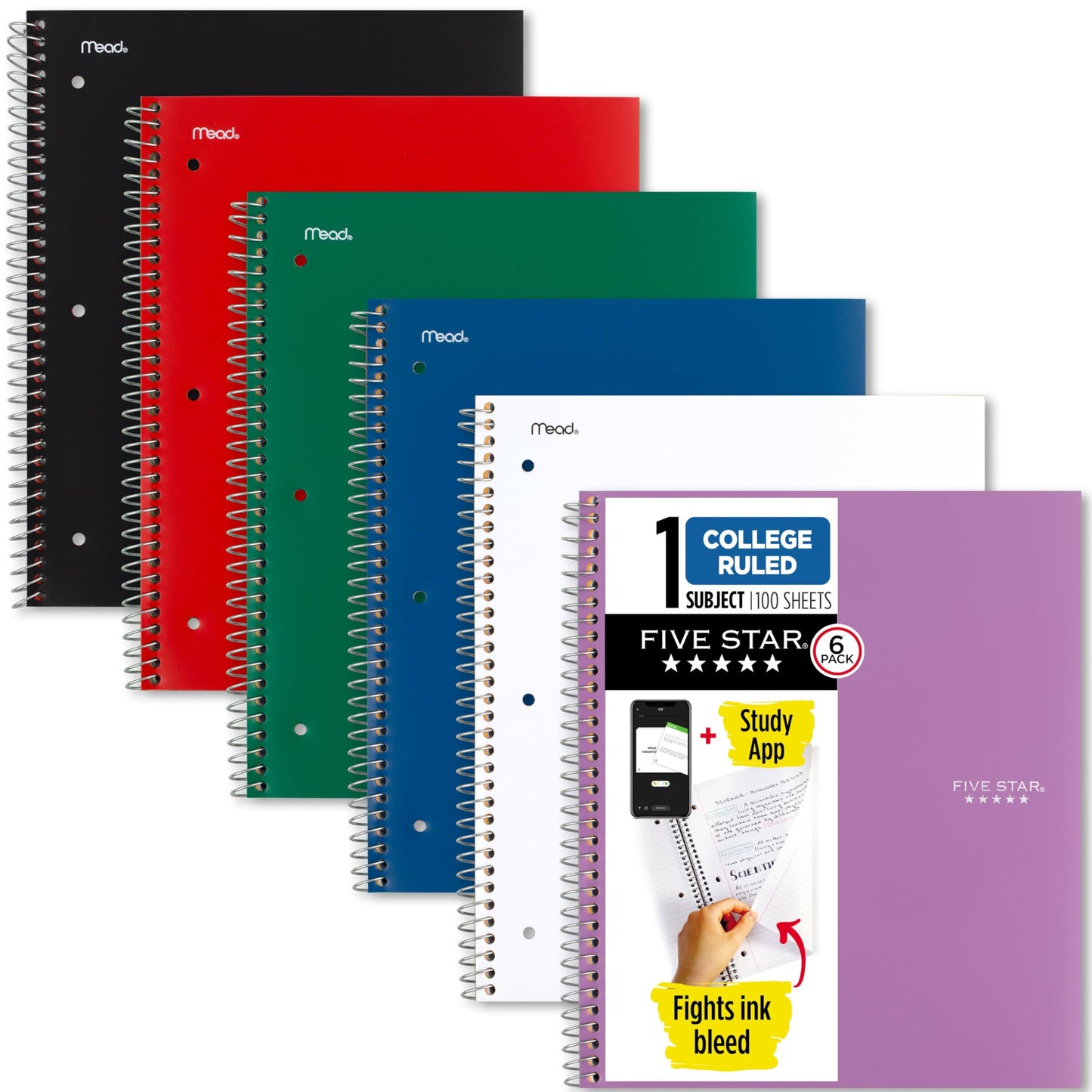 Five Star Spiral Notebook + Study App, 6 Pack, 1 Subject, College Ruled Paper, 8-1/2" x 11", 100 Sheets, Fights Ink Bleed, Water Resistant Cover, Assorted Colors (38052)
