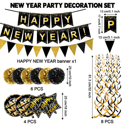 Brand:Oh baby,HAPPY NEW YEAR Paper Banner Triangle Flag Bunting Pom poms Swirl Streamers Aluminum foil balloons for New year Party Decorations