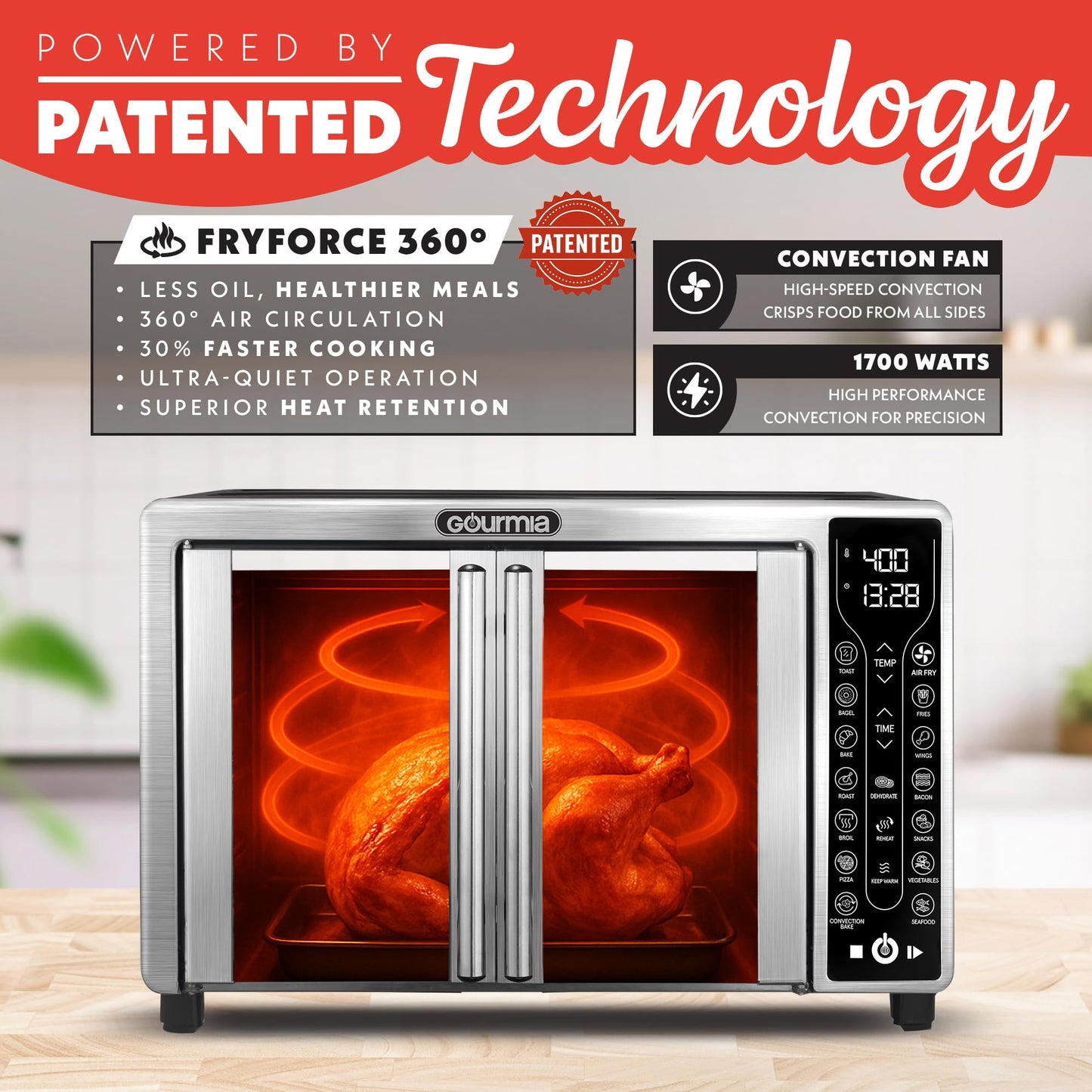 Gourmia French Door Air Fryer – 25 Qt Large Capacity Convection Oven, Fryfroce 360°, Digital Display with 17 Cooking Presets, Bake, Toast, Roast, Dehydrate, Fits 12” Pizza