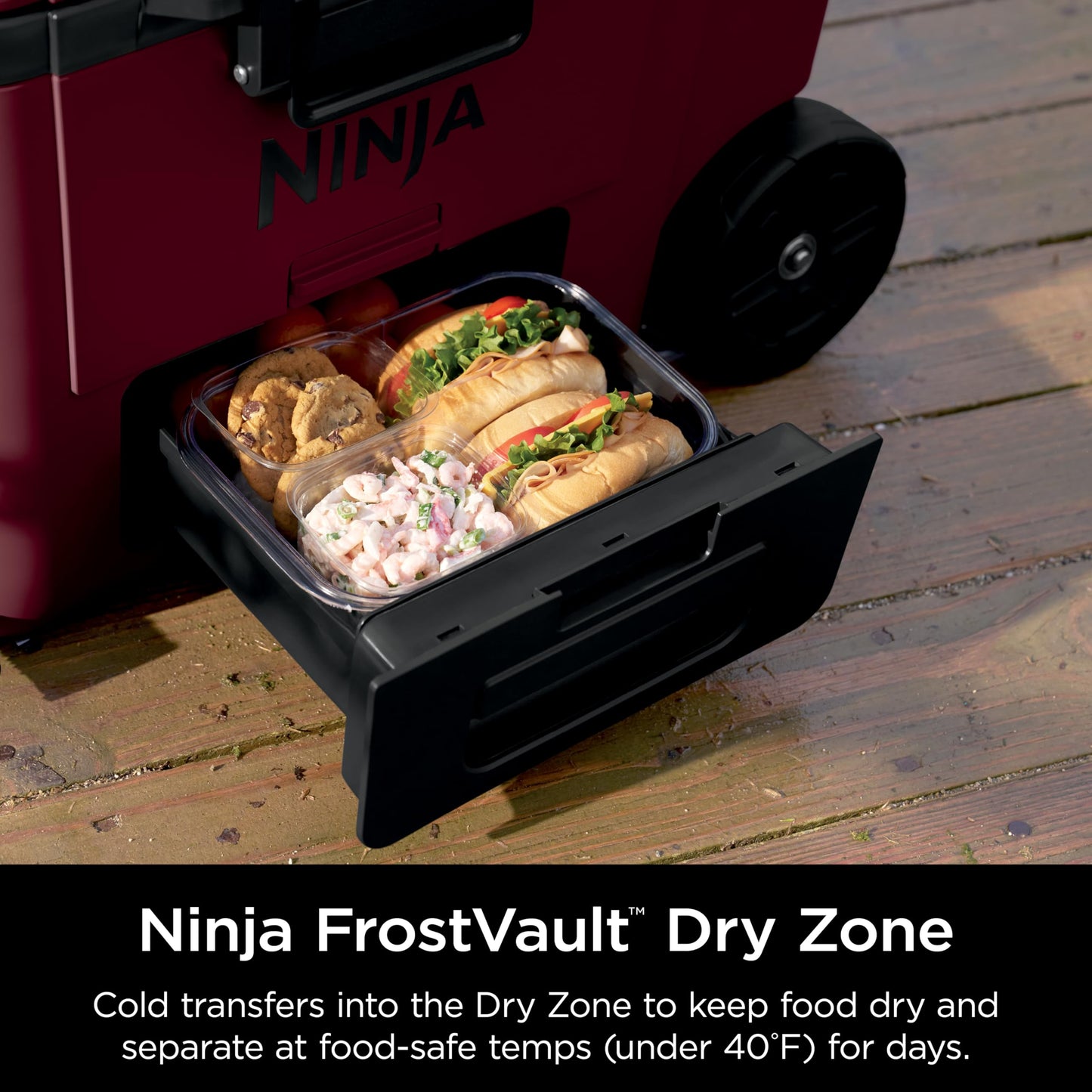 Ninja | Cooler | FrostVault 45QT Cooler with Wheels | Insulated with Temp Dry Storage Drawer | Keeps Ice Cold for Days | for The Beach, Camping, Picnics & More | Canyon Red | FB245MR