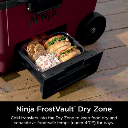 Ninja | Cooler | FrostVault 45QT Cooler with Wheels | Insulated with Temp Dry Storage Drawer | Keeps Ice Cold for Days | for The Beach, Camping, Picnics & More | Canyon Red | FB245MR
