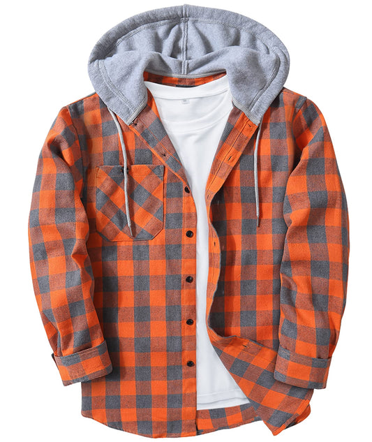 SCODI Mens Flannel Hoodie Shirt Casual Button Down Plaid Jacket Shirts Stylish Long Sleeve Shirts with Pocket Orange Large