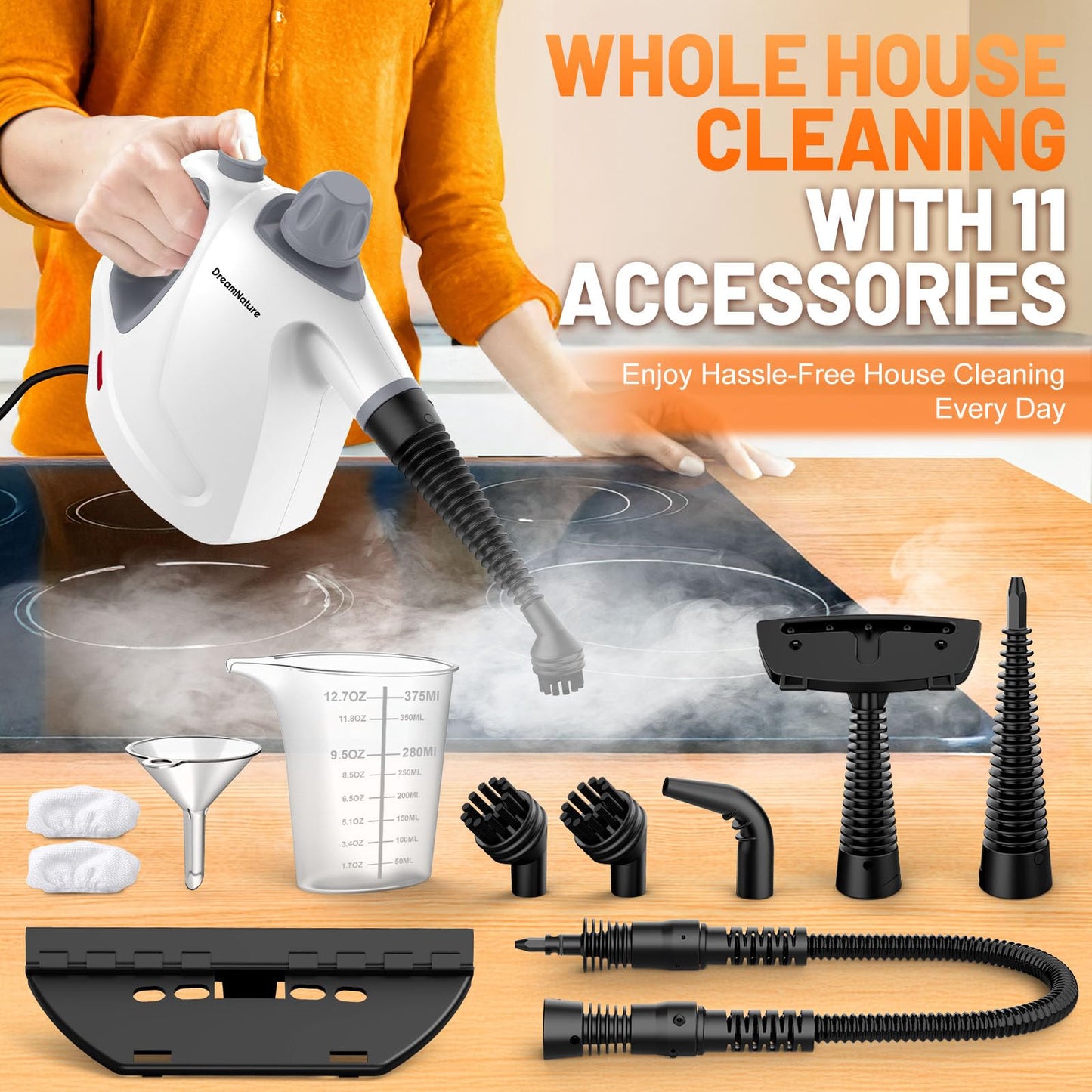Multi-Surface Handheld Pressurized Steam Cleaner with 11-Pieces Accessories, 15.2OZ Hands-free Portable Steamer for Cleaning, Multipurpose Steam Cleaner for Home|Upholstery|Car|Floor|Grout|More