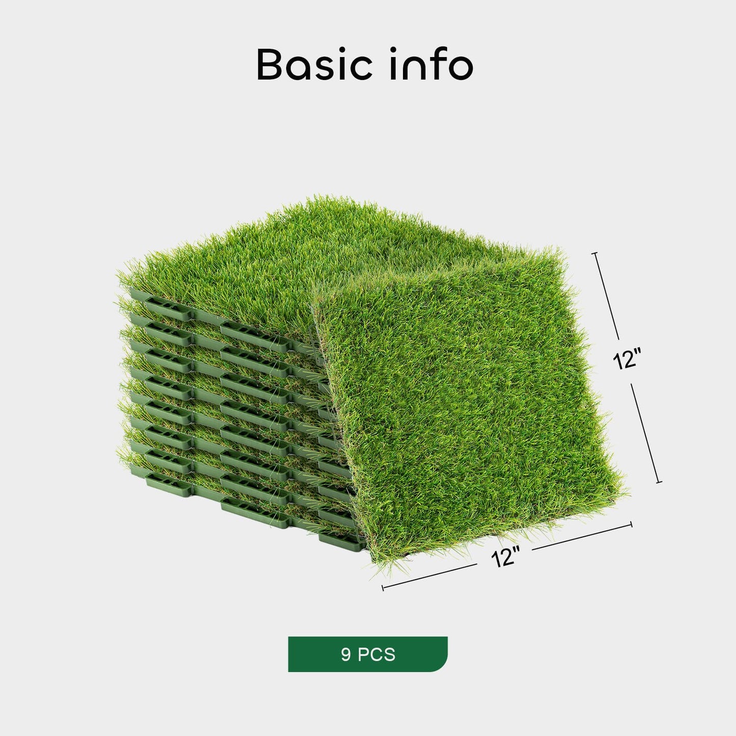 GROWNEER 1.57" H Interlocking Artificial Grass Tiles, 12" x 12" 9 Pcs Fake Grass Deck Turf Tiles with Upgrade Interlocking System Self-draining faux Grass Tiles for Pet Indoor/Outdoor, Backyard, Patio