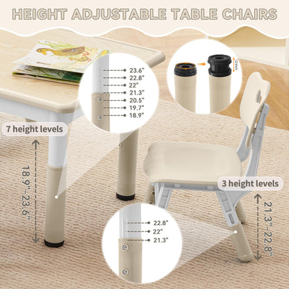GITAWUSA Kids Study Table and Chairs Set, Height Adjustable Toddler Table and Chair Set for Kids Ages 3-8, 23.6" L x 23.6" W Graffiti Desktop Plastic Children Art Table with 2 Seats, Burlywood