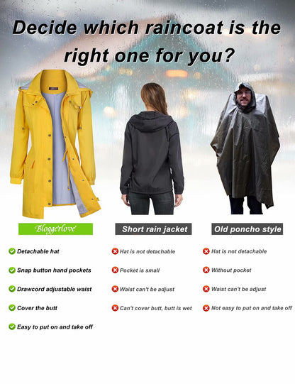 Bloggerlove Women's Rain Jacket Lightweight Raincoat Waterproof Hooded Active Outdoor Trench Coat Yellow M