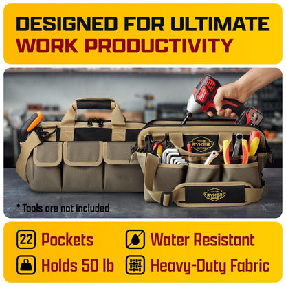 The Ryker Heavy Duty Tool Bags for Men/Women. 14 Inch Small Wide Mouth Mechanic/plumber/Contractor/Electrician Tool Bag Organizer 22Pockets Soft Portable Tools Bags Organizer Toolbag for plumbing
