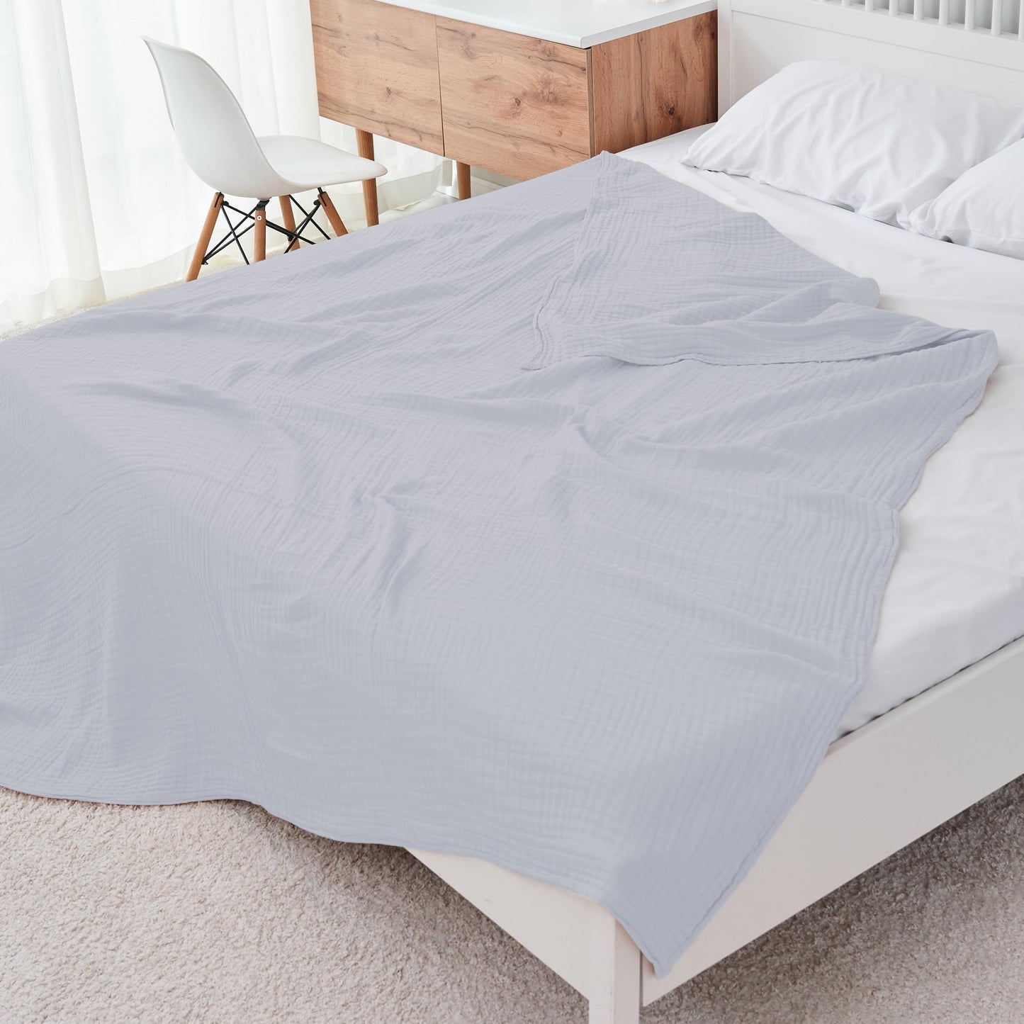 Cosy Family 6 Layer Muslin Bed Blanket - Breathable and Lightweight Gauze Boho Blanket for Spring, Soft 100% Cotton Muslin, Slate, 80x90 Inches