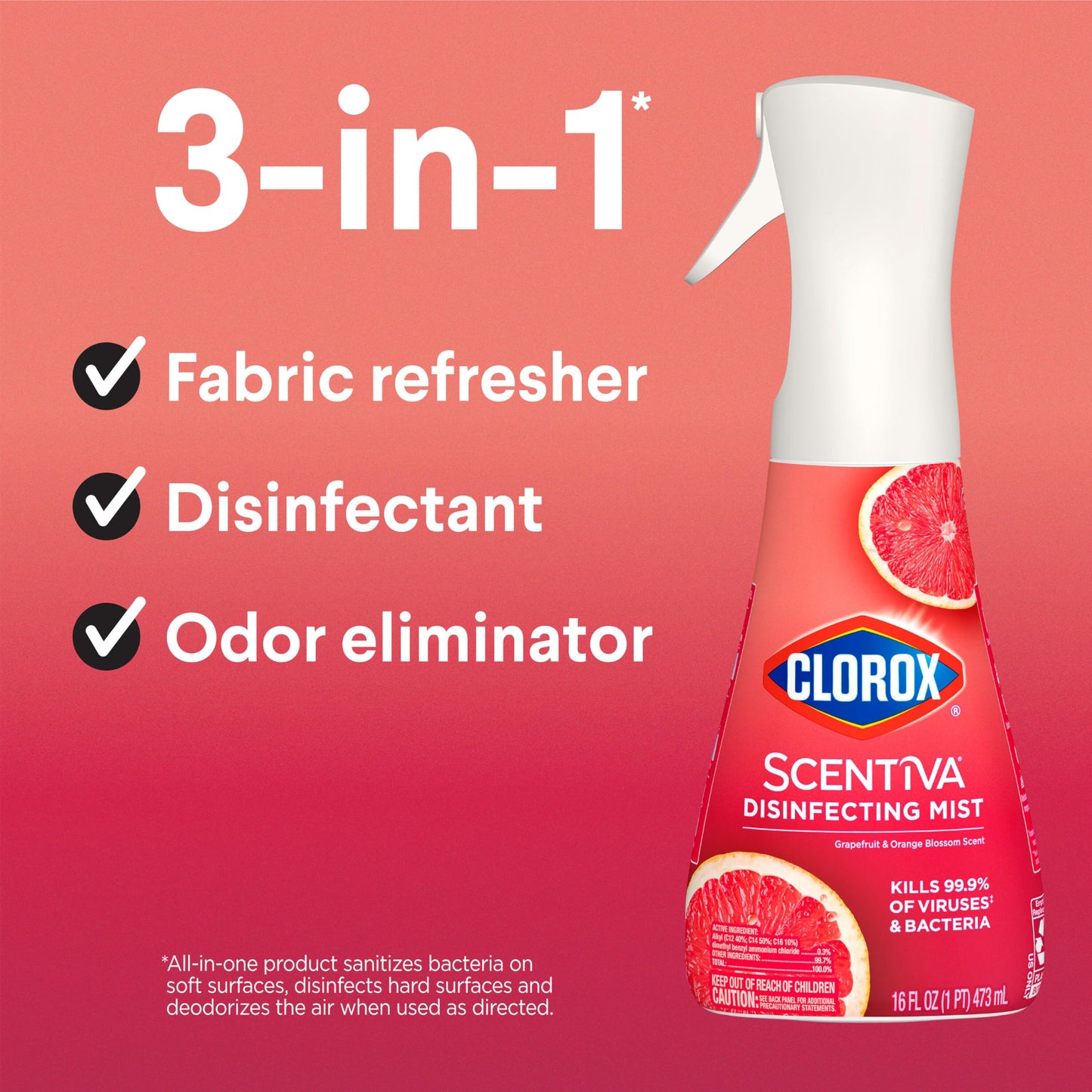 Clorox Scentiva Disinfecting Mist, Grapefruit and Orange Blossom, Refill, 16 Fl Oz Each, Pack of 3