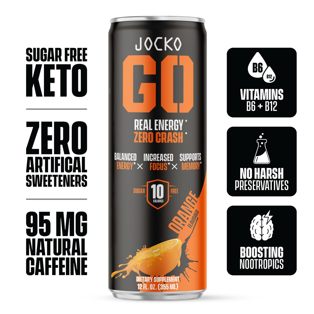Jocko GO Energy Drink (Afterburner Orange) - KETO, Vitamin B12, Vitamin B6, Electrolytes, L Theanine, Magnesium- Energy Boost, Sugar Free Nootropic Monk Fruit Blend - 12 Pack