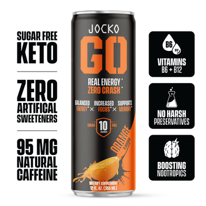 Jocko GO Energy Drink (Afterburner Orange) - KETO, Vitamin B12, Vitamin B6, Electrolytes, L Theanine, Magnesium- Energy Boost, Sugar Free Nootropic Monk Fruit Blend - 12 Pack