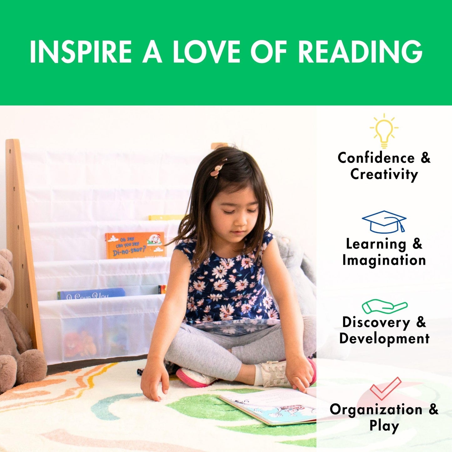 Humble Crew 4-Tier Kids Bookshelf, Natural Wood/White - Premium Book Shelf for Kids Rooms with Four Deep Pockets - Toddler Sling Book Rack with Deep Sleeves, Nursery Bookcase Organizer