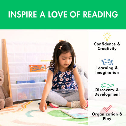 Humble Crew 4-Tier Kids Bookshelf, Natural Wood/White - Premium Book Shelf for Kids Rooms with Four Deep Pockets - Toddler Sling Book Rack with Deep Sleeves, Nursery Bookcase Organizer