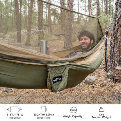 Sunyear Hammock Camping with Net/Netting, Portable Camping Hammock Double Tree Hammock Outdoor Indoor Backpacking Travel & Survival, 2 Tree Straps (16+1 Loops Each, 20Ft Total)