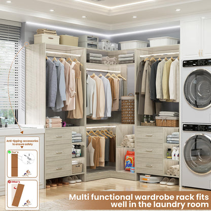 Aheaplus Closet System with 6 Drawers, 4 Hanging Rods & Corner Tower, Corner Closet System with Hanging,92.6" L-Shaped Walk-In Wardrobe Organizer, 2000+ lbs Capacity, Set of 3, White Oak