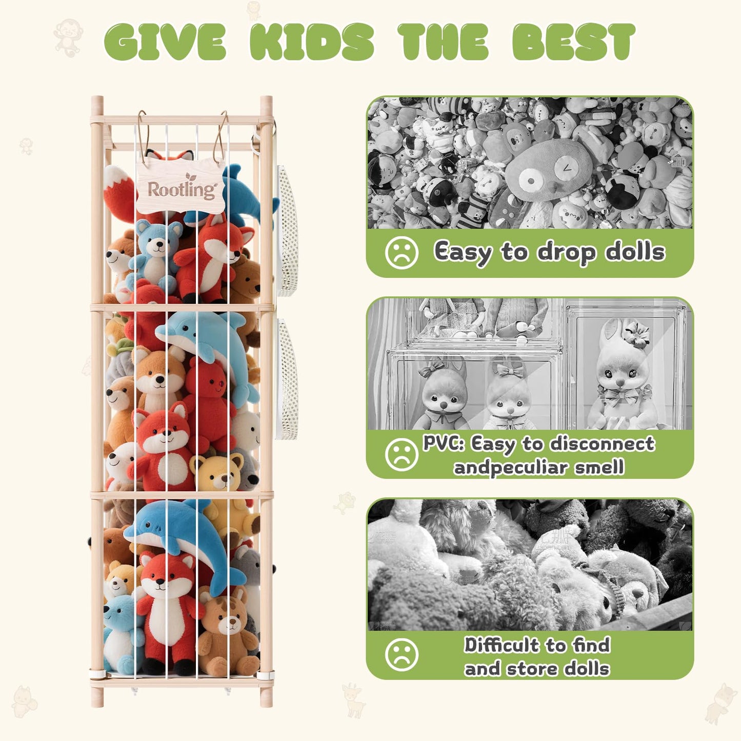Stuffed Animals Storage & Organizer, 54 inch Tall Wooden Cute Zoo Toy Holder w/Building Block Storage Bag, Premium Wooden Material with Elastic Cord For Toddler Rooms, Playrooms & Bedrooms