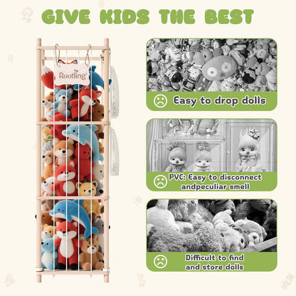 Stuffed Animals Storage & Organizer, 54 inch Tall Wooden Cute Zoo Toy Holder w/Building Block Storage Bag, Premium Wooden Material with Elastic Cord For Toddler Rooms, Playrooms & Bedrooms