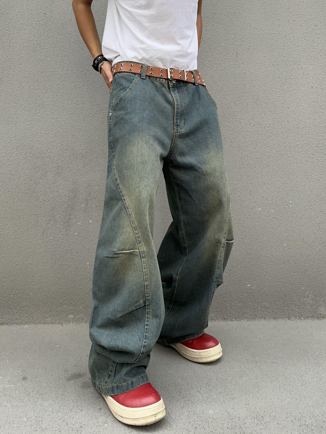 DFGIGT Men's Irregular Sutures Y2k Hip Hop Baggy Jeans Wide Leg Denim Pants Casual Loose Fit Trousers Streetwear Jinco 2000s Extreme Relaxed Skater Skateboard Nostalgia Retro,A11 Blue,Large