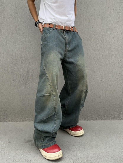 DFGIGT Men's Irregular Sutures Y2k Hip Hop Baggy Jeans Wide Leg Denim Pants Casual Loose Fit Trousers Streetwear Jinco 2000s Extreme Relaxed Skater Skateboard Nostalgia Retro,A11 Blue,Large