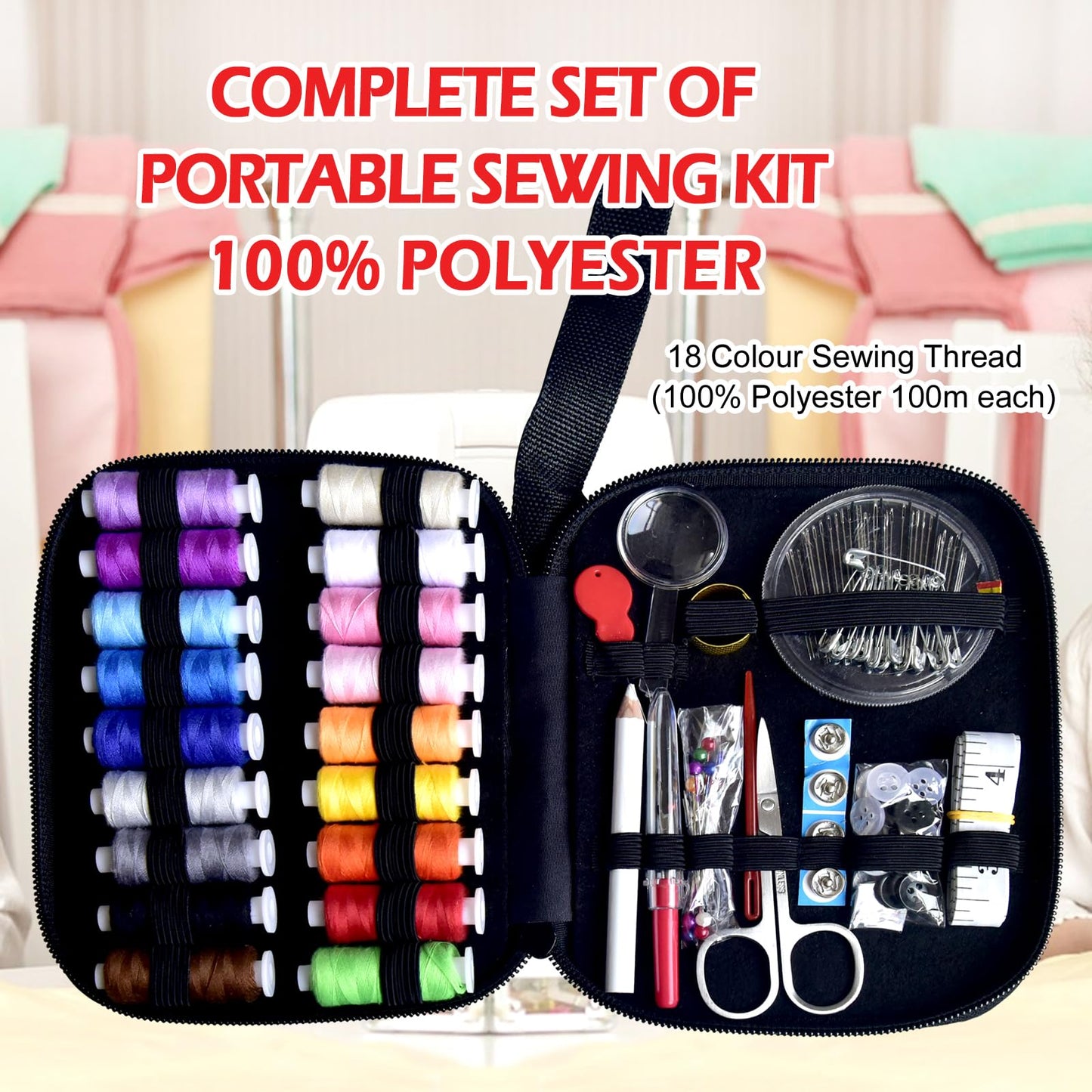 Sewing Kit with Case Portable Sewing Supplies for Home Traveler, Adults, Beginner, Emergency, Contains 18 Sewing Thread, Scissors, Needles, Measure etc