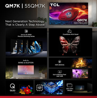 TCL 55-Inch Class QM7K Series QD-Mini LED 4K UHD Google Smart TV Best Premium Mini-LED TV - QLED, 144hz, 240hz Gaming Rate, Anti-Reflective Screen, Bang & Olufsen Audio, Atmos (55QM7K, 2025 Model)