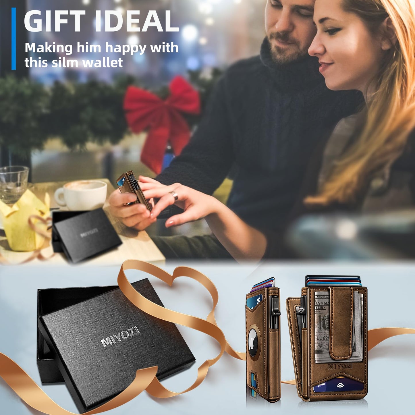 miyozi Airtag Wallet for Men,with Money Clip Gift Boxed,Slim Front Pocket Wallet RFID Blocking Metal Case Smart Pop-up Credit Card Holder in Magnetic Leather Flip