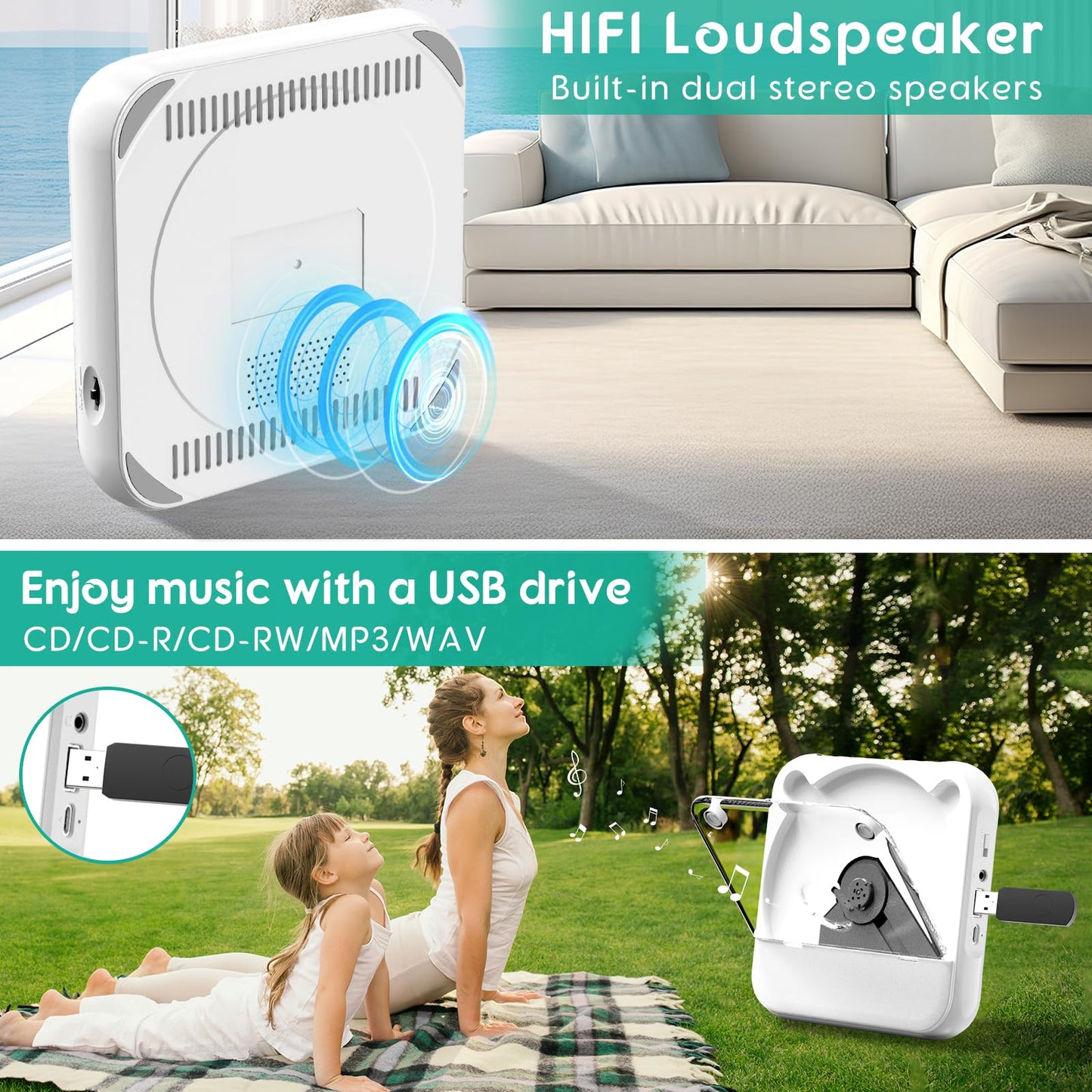 SKYANS Portable CD Player with Bluetooth 5.3, 2000mAh Rechargeable CD Players for Home/Car, Built-in HiFi Speaker, Headphones, LCD Screen, Supports CD/AUX/USB and Repeat Modes, White