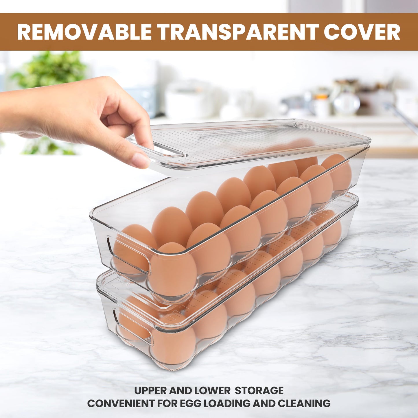Utopia Home Egg Container With Lid and Handle for Refrigerator Organization- Pack of 2 - Clear Stackable Egg Holder for Kitchen or Pantry Organizers and Storage
