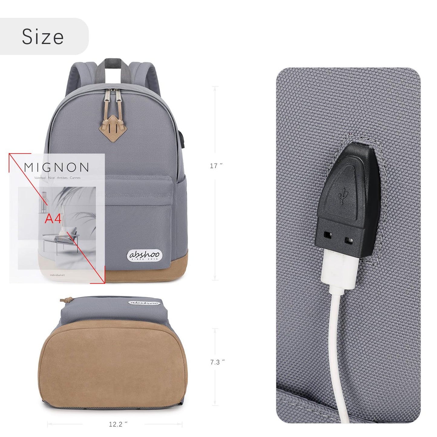 abshoo Basic School Backpack For College Middle High School Water Resistant Bookbag Travel Daypack(Gray)