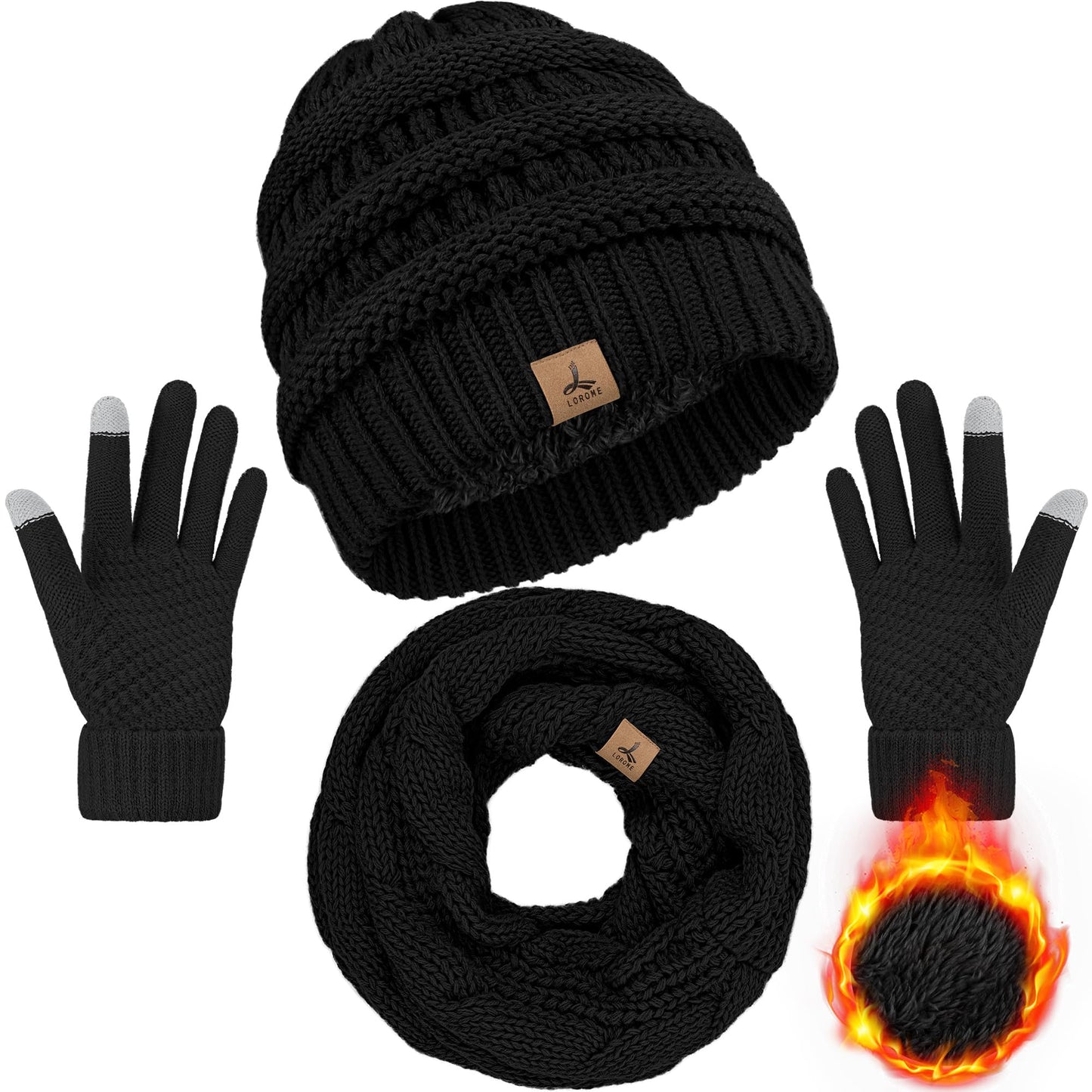 Warm Fleece Knit Beanie Hat and Touch Screen Gloves Set - Winter Gifts for Women and Men