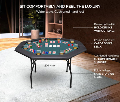 ZivPlay Poker Table Foldable 8 Player Octagon Texas Holdem Table with Folding Legs Casino Grade Felt Water Resistant Cushioned Armrest and 8 Cup Holders for Playing Card Game Gambling 48 Inch Green