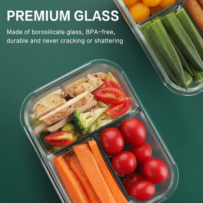 HOMBERKING 8 Pack Glass Meal Prep Containers 3 Compartment, 36oz Glass Food Storage Containers with Lids, Airtight Glass Lunch Bento Boxes, BPA-Free & Leak Proof (8 lids & 8 Containers) - Black