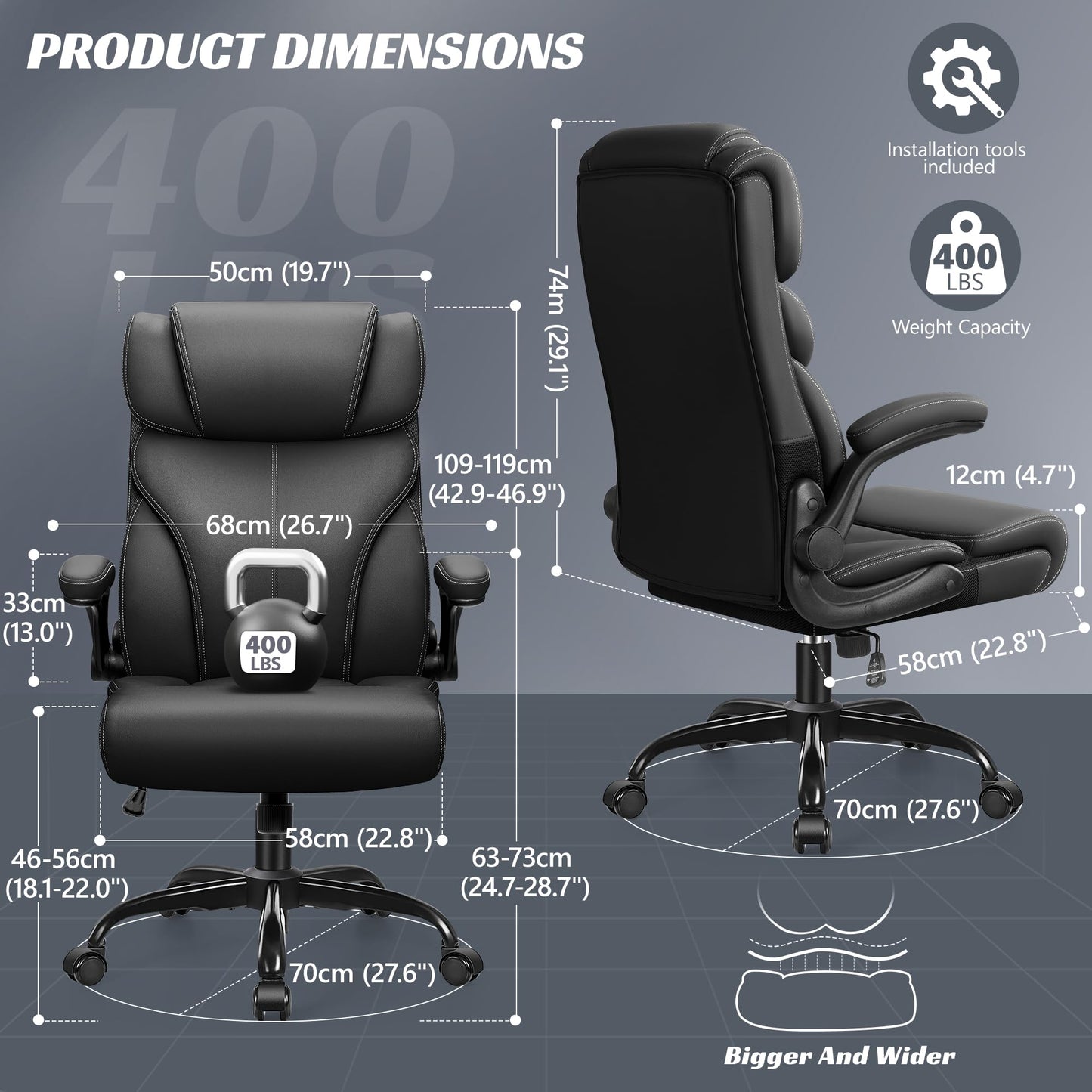 HeroSet Office Chair, Ergonomic Big and Tall Computer Desk Chairs, Executive Breathable Leather Chair with Adjustable High Back Flip-up Armrests, Lumbar Support Swivel PC Chair with Rocking Function