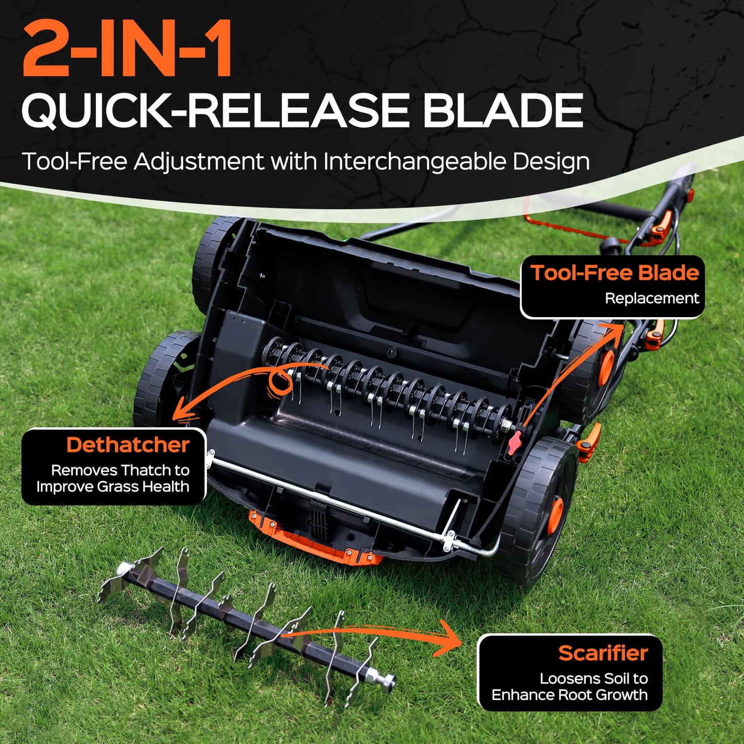 TIECTOWN 16-Inch 15.5 Amp 2-in-1 Electric Dethatcher and Scarifier with 14.5-Gallon Removable Thatch Collection Bag, Lawn Dethatcher with 5-Position Adjustment, Quick-Fold, Keeps Lawn Healthy - Orange