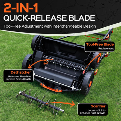 TIECTOWN 16-Inch 15.5 Amp 2-in-1 Electric Dethatcher and Scarifier with 14.5-Gallon Removable Thatch Collection Bag, Lawn Dethatcher with 5-Position Adjustment, Quick-Fold, Keeps Lawn Healthy - Orange