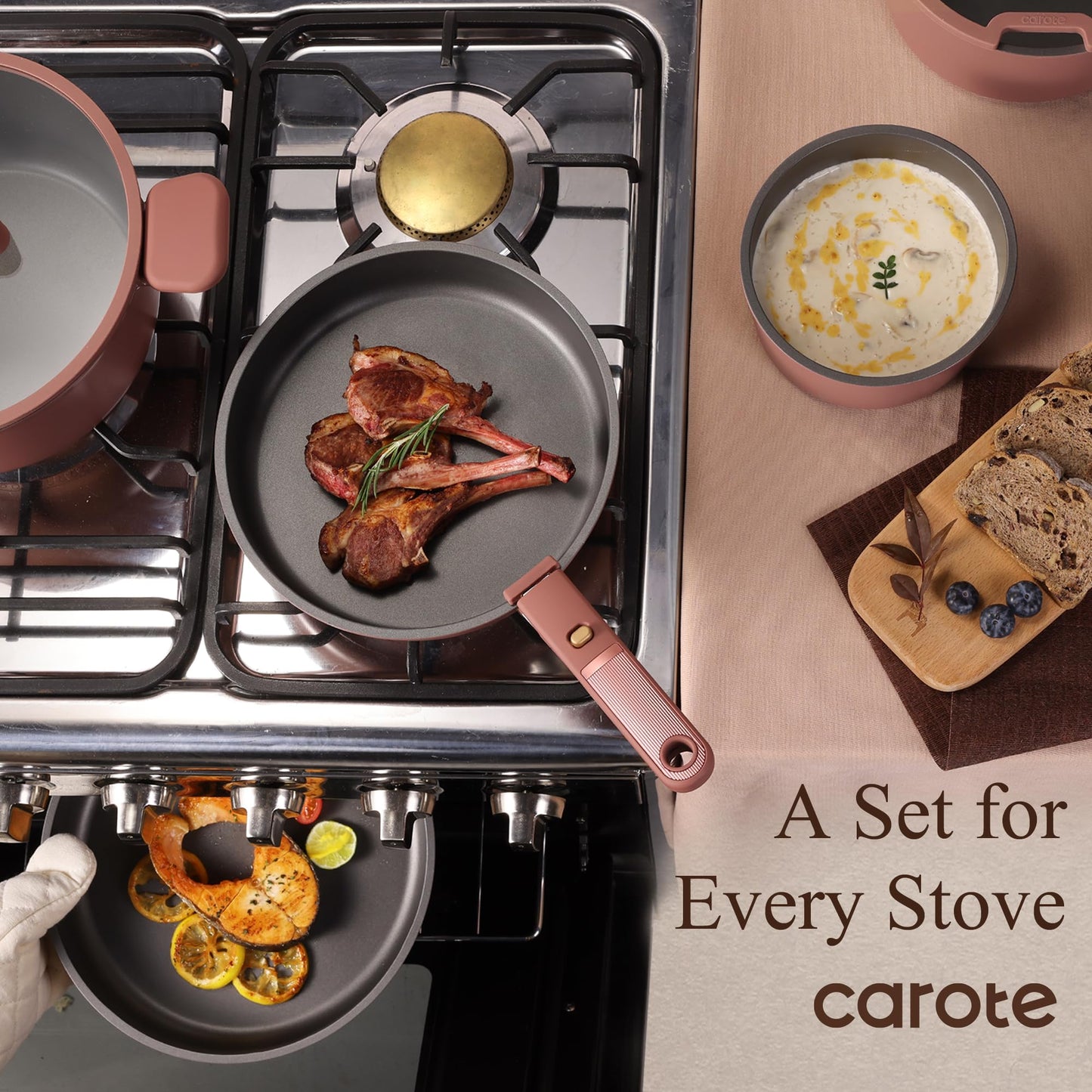 CAROTE 23Pcs Pots and Pans Set Non Stick with Detachable Handle Rouge Pink, Premium Nonstick Cookware Set, Dishwasher/Oven Safe Pots and Pans, Removable Handle RV Cookware