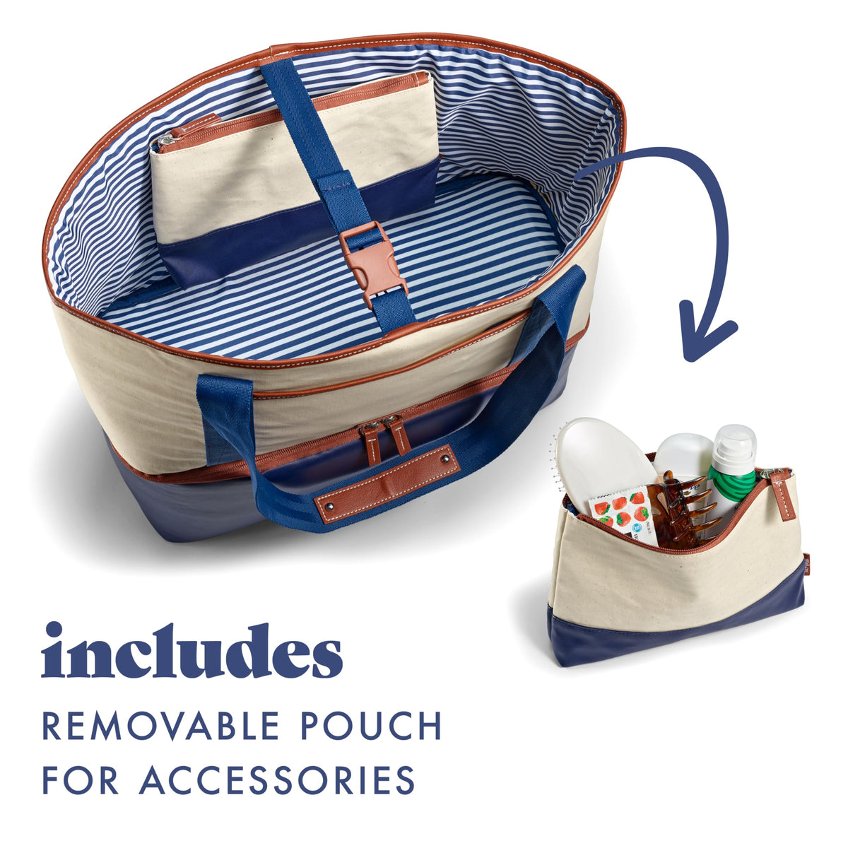 Fit & Fresh Narragansett 2-in-1 Tote with Cooler Compartment, Removable Accessory Pouch, Insulated Beach Bag, Leakproof, Water Resistant, Pool Essential, Holds 16 Cans, Navy