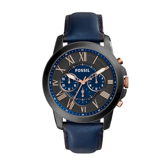 Fossil Men's Grant 44mm Quartz Stainless Steel and Leather Chronograph Watch for Men, Color: Black, Blue (Model: FS5061)