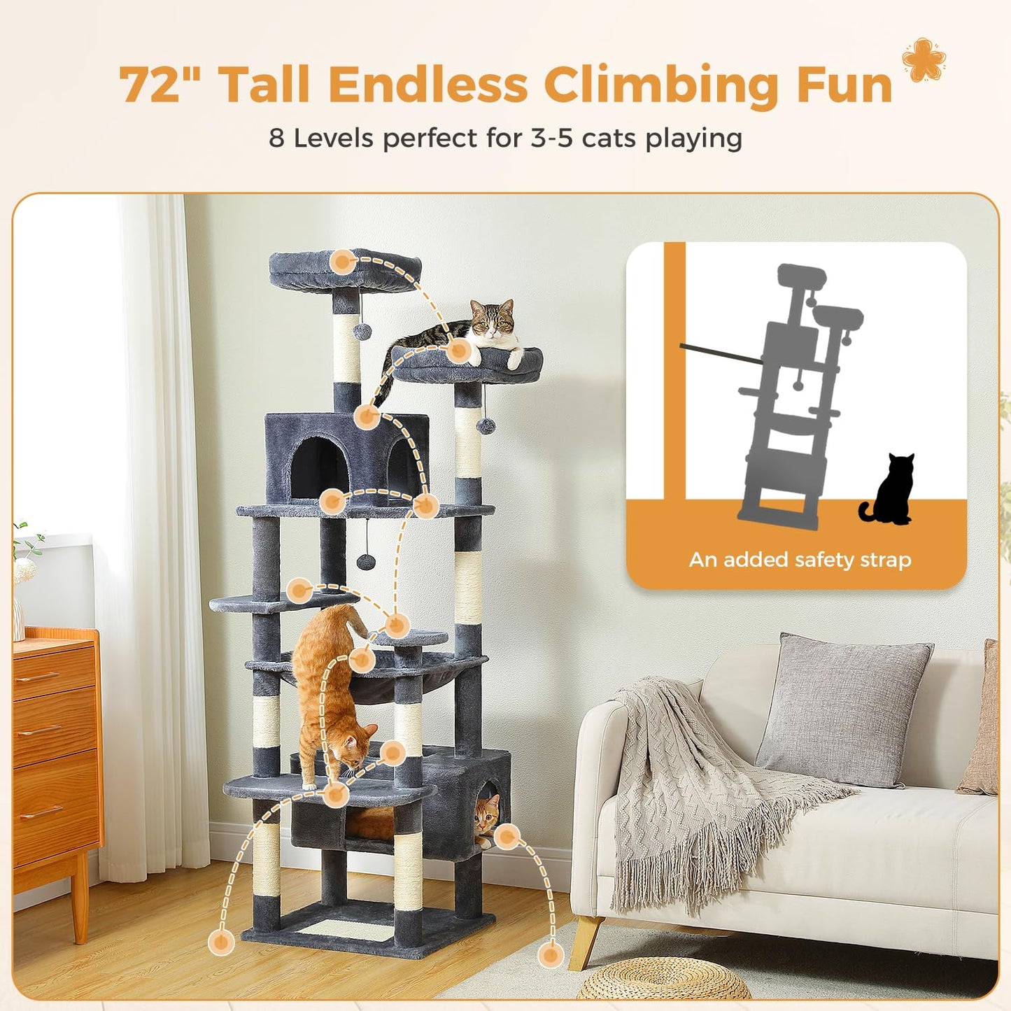 PAWZ Road Large Cat Tree, 72 Inches Cat Tower for Large Cats, Cat Condo with Sisal-Covered Scratching Posts and Pads, 2 Padded Perch, Dual Condo and Basket for Indoor Cats-Dark Gray