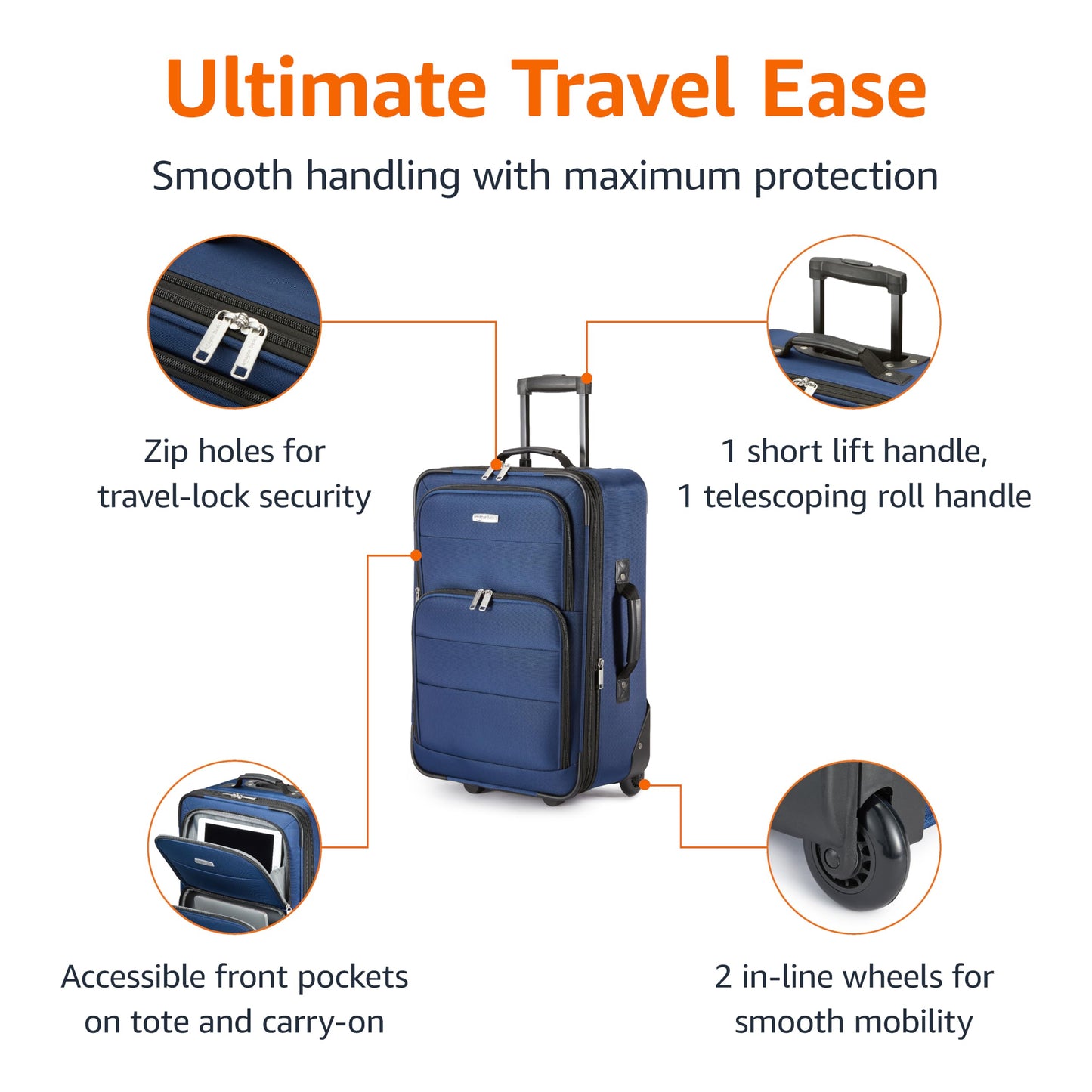 Amazon Basics Luggage Sets, Carry-On 23-Inch, tote 15-Inch, Suitcase With Wheels, Expandable Extra Space (+15%), Front Pockets and Telescopic Handle, Navy Blue