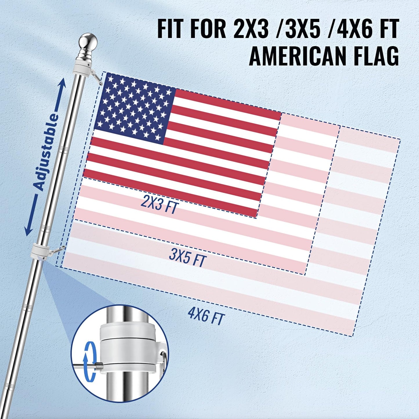 Jetlifee American Flag Pole Kit, Including 100% Polyester 3x5 ft US Flag, 5 Ft Aluminum White No Tangle Spinning Pole and Multi-Position Flag Pole Bracket