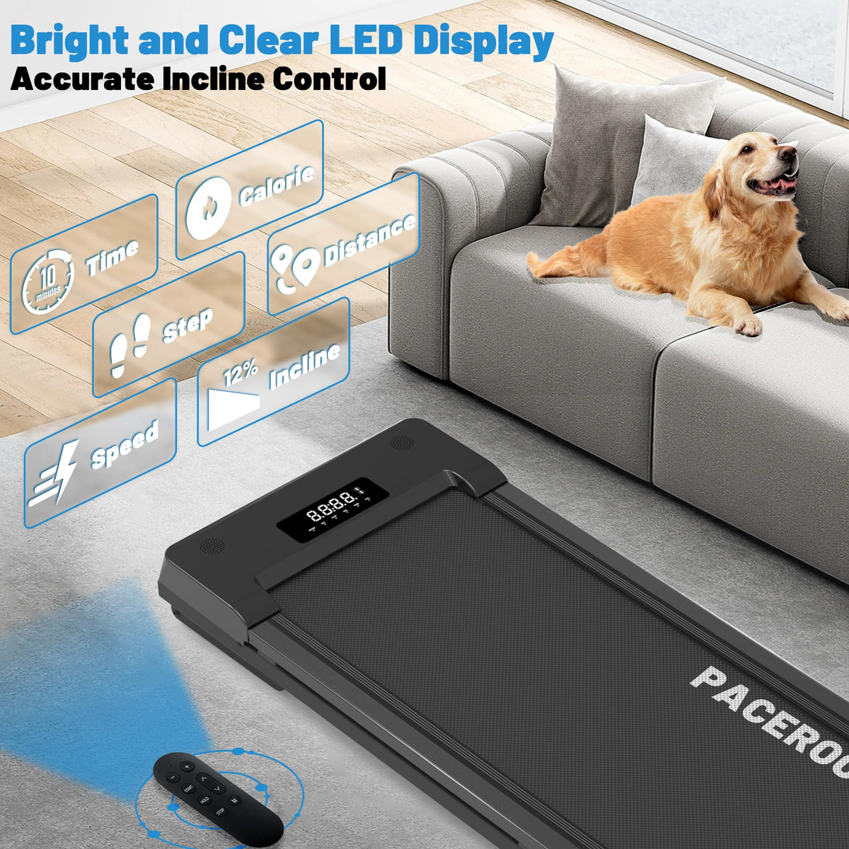 PACEROCKER Walking Pad Treadmill with 12% 9-Level Auto Incline, 450 lbs Capacity Bluetooth Speaker Under Desk Treadmills for Home Hiking, 5 MPH, Blue