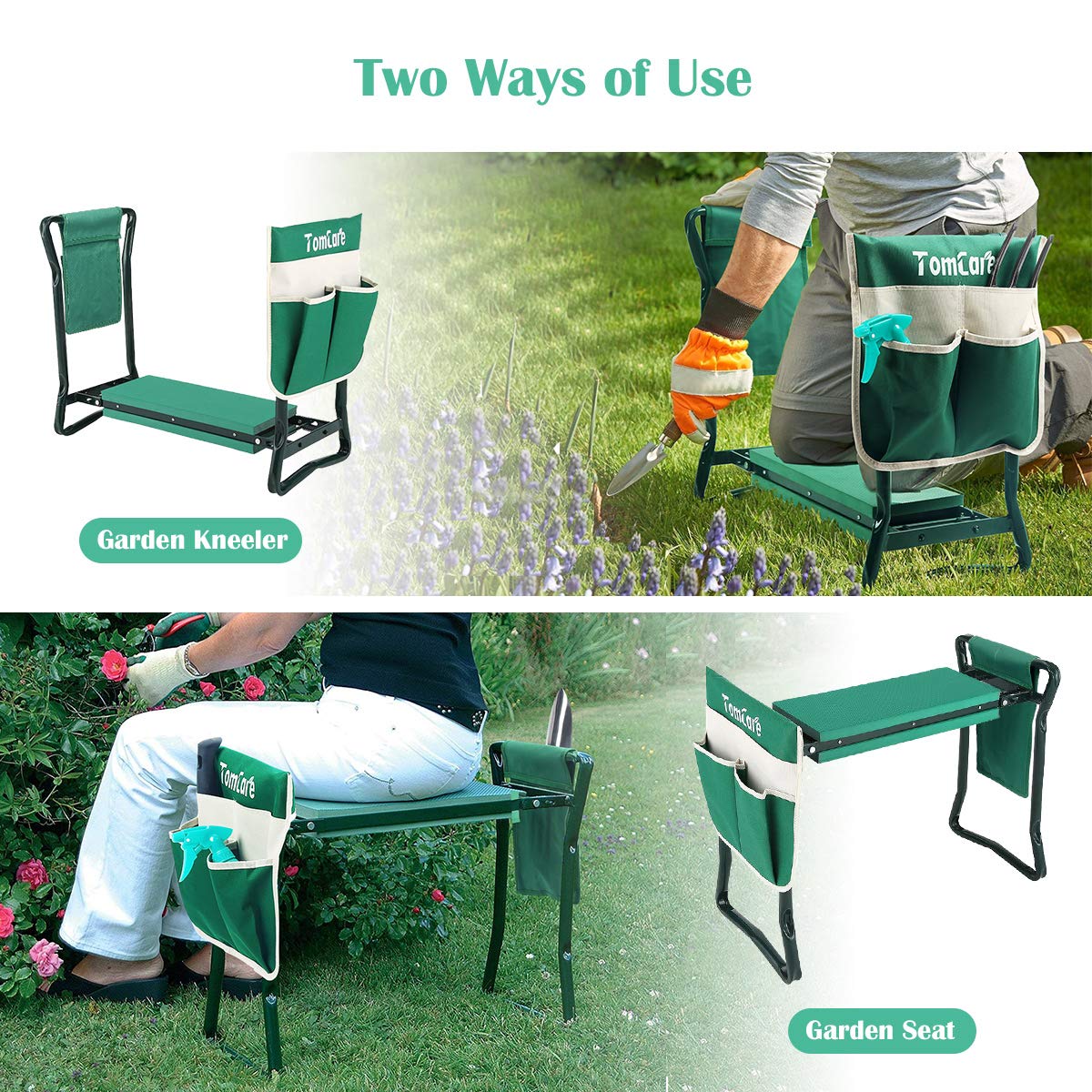 TomCare Garden Kneeler Seat Garden Bench Garden Stools Foldable Stool with Tool Bag Pouch EVA Foam Pad Outdoor Portable Kneeler Gardening Gifts for Women Men, Large 21.65"x10.62"x18.89", Green