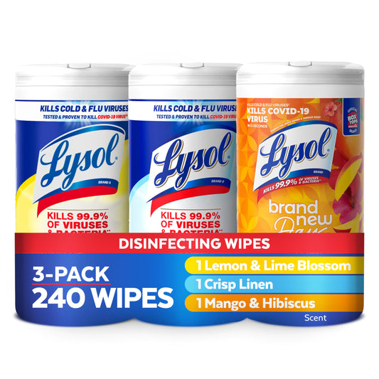 Lysol Disinfectant Wipes Bundle, Dorm Room Essentials, Multi-Surface Cleaning Wipes, For Disinfecting & Cleaning, Lemon & Lime Blossom, Crisp Linen, Mango & Hibiscus, 3x80 ct