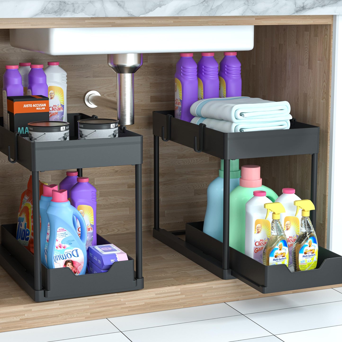 DEKAVA Under Sink Organizer 2 Pack, Bathroom Cabinet Organizer, 2 Tier Sliding Cabinet Basket Organizer Drawer, Multi-Purpose Bath Collection Baskets for Bathroom (Black)