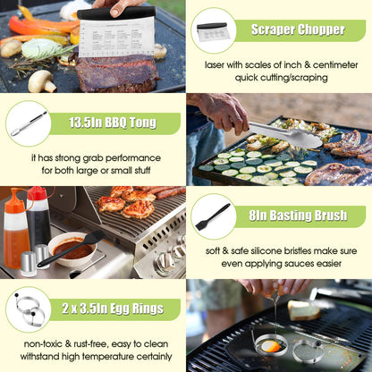 HaSteeL Griddle Accessories Kit of 16, Professional Stainless Steel Griddle Spatula Tools in Storage Bag, Heavy Duty Metal Spatulas/Chopper/Burger Press/Melting Dome for Teppanyaki Flat Top BBQ Grill