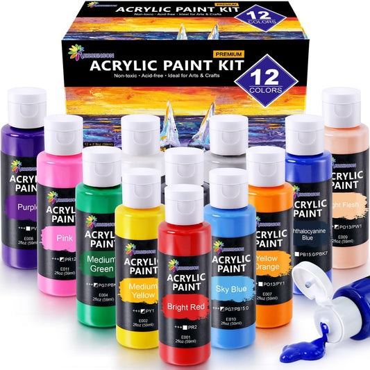 ESSENSON Acrylic Paint, 12 Colors Acrylic Paint Set, 2oz/59ml Bottles, Premium Paints for Artists, Kids, Beginners and Adults on Canvas Rocks Wood Ceramic Fabric