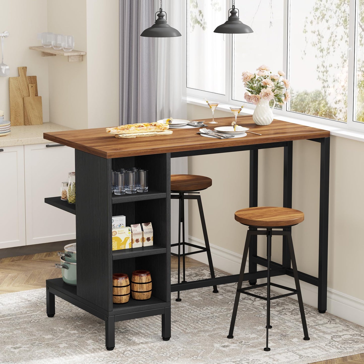 Tribesigns Kitchen Island, Kitchen Shelf Kitchen Bar Table with 5 Open Storage Shelves and Large Worktop, Industrial Butcher Block Island (Stools Not Included)